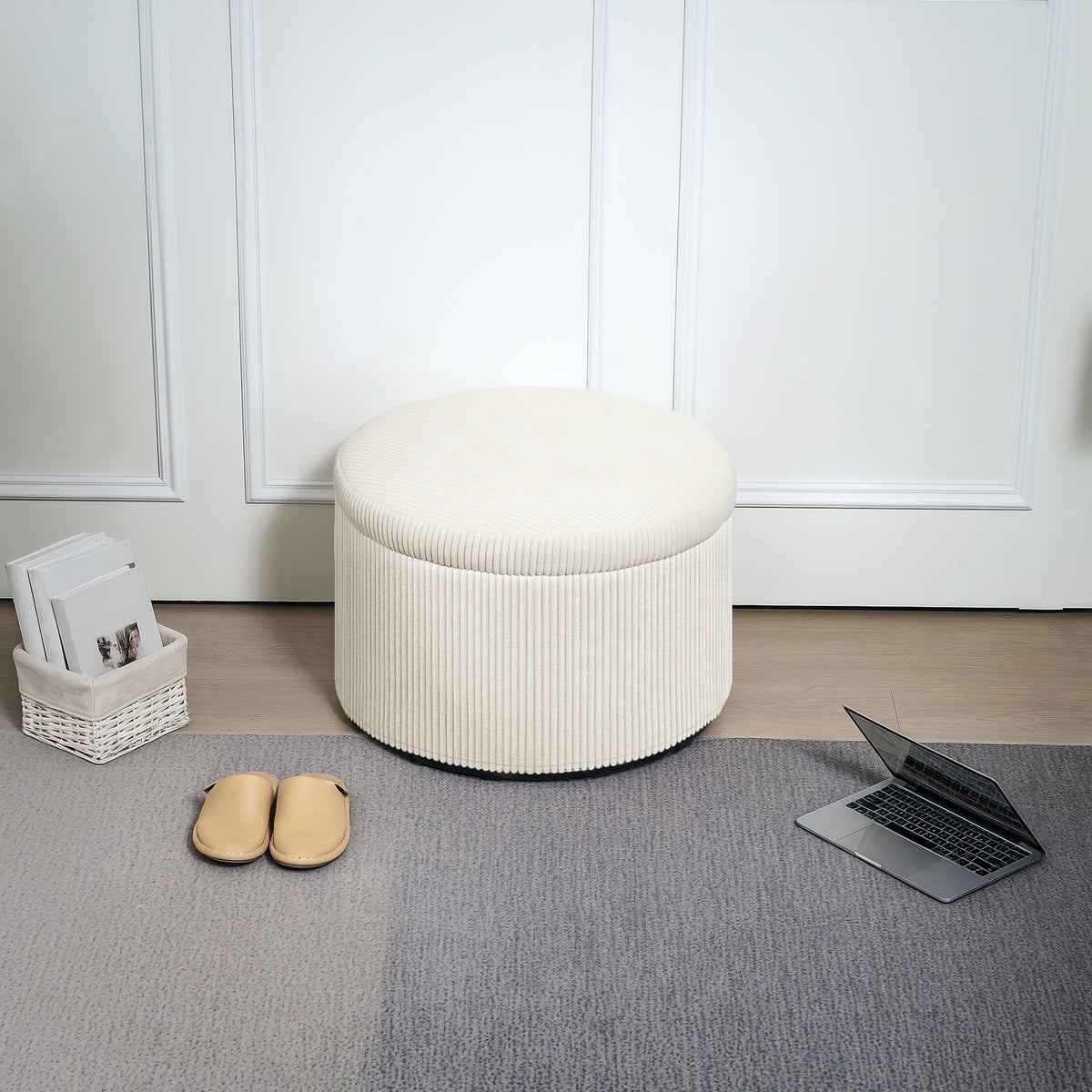 Runder Sitzhocker mit Cordbezug und Stauraum