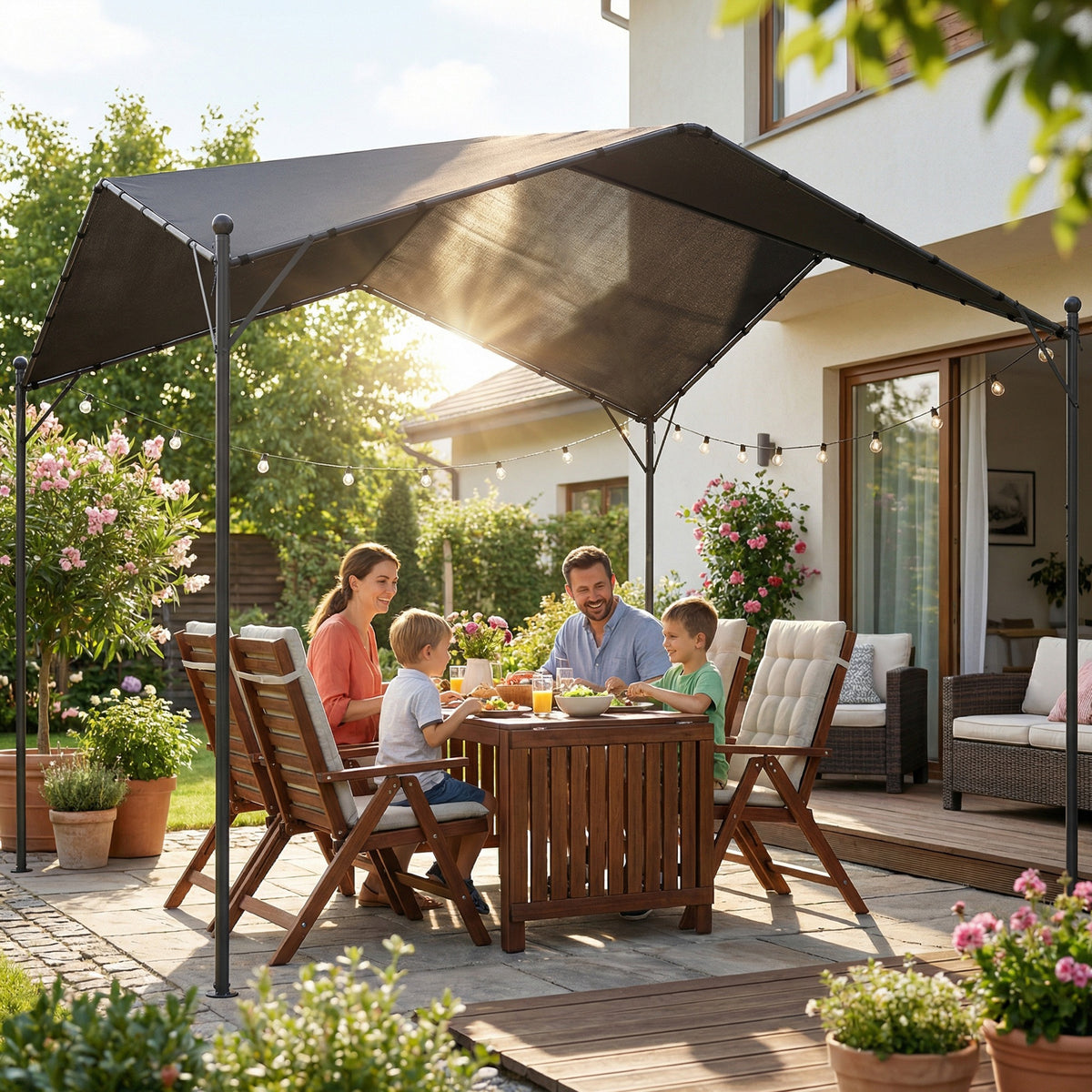 Pergola mit geneigtem Dach und Metallrahmen