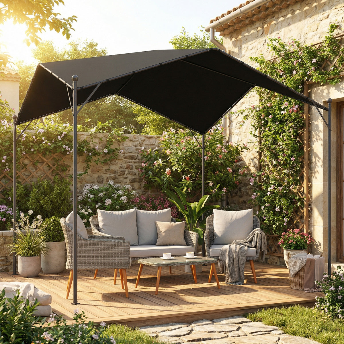 Pergola mit geneigtem Dach und Metallrahmen