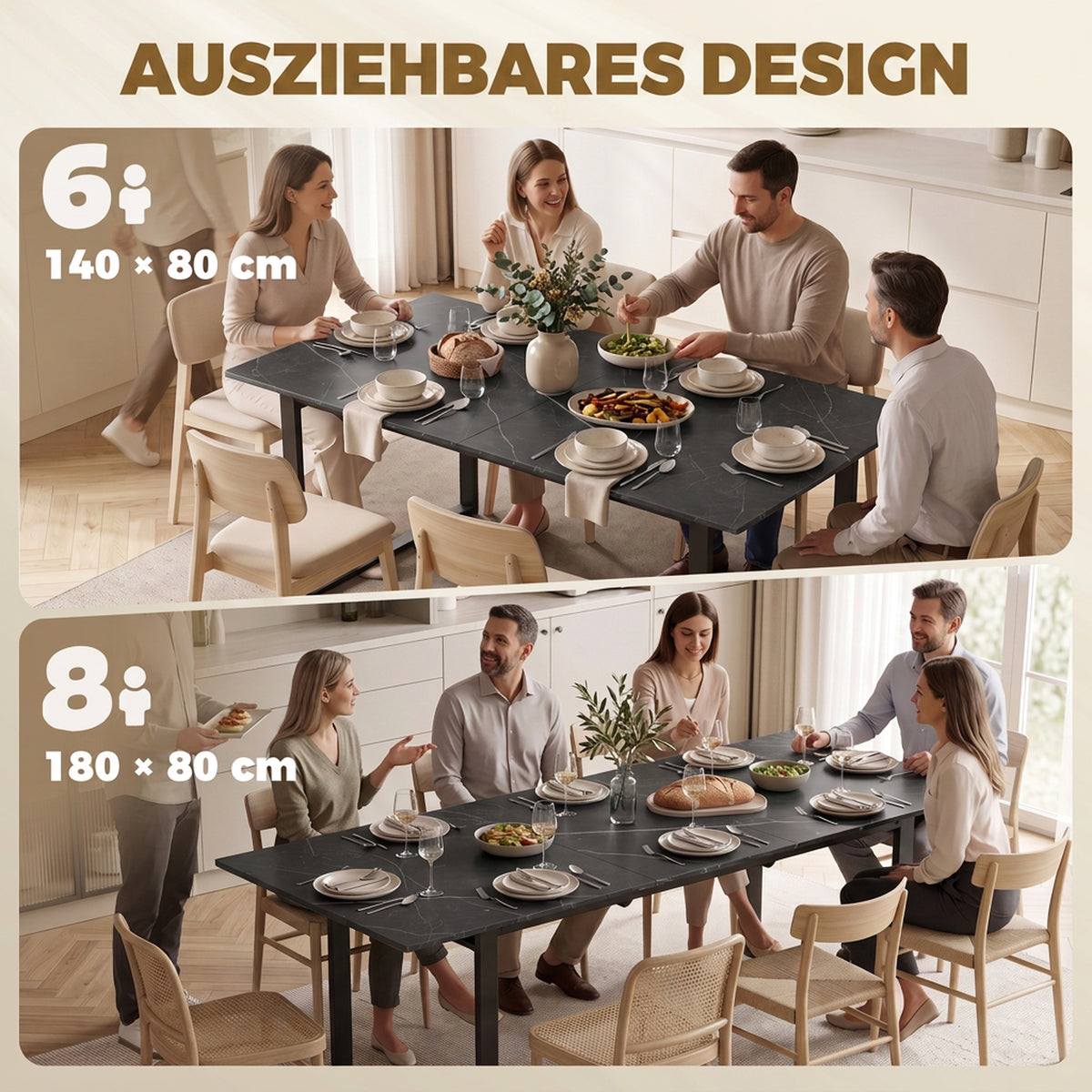 Ausziehbarer Esstisch für 6 bis 8 Personen