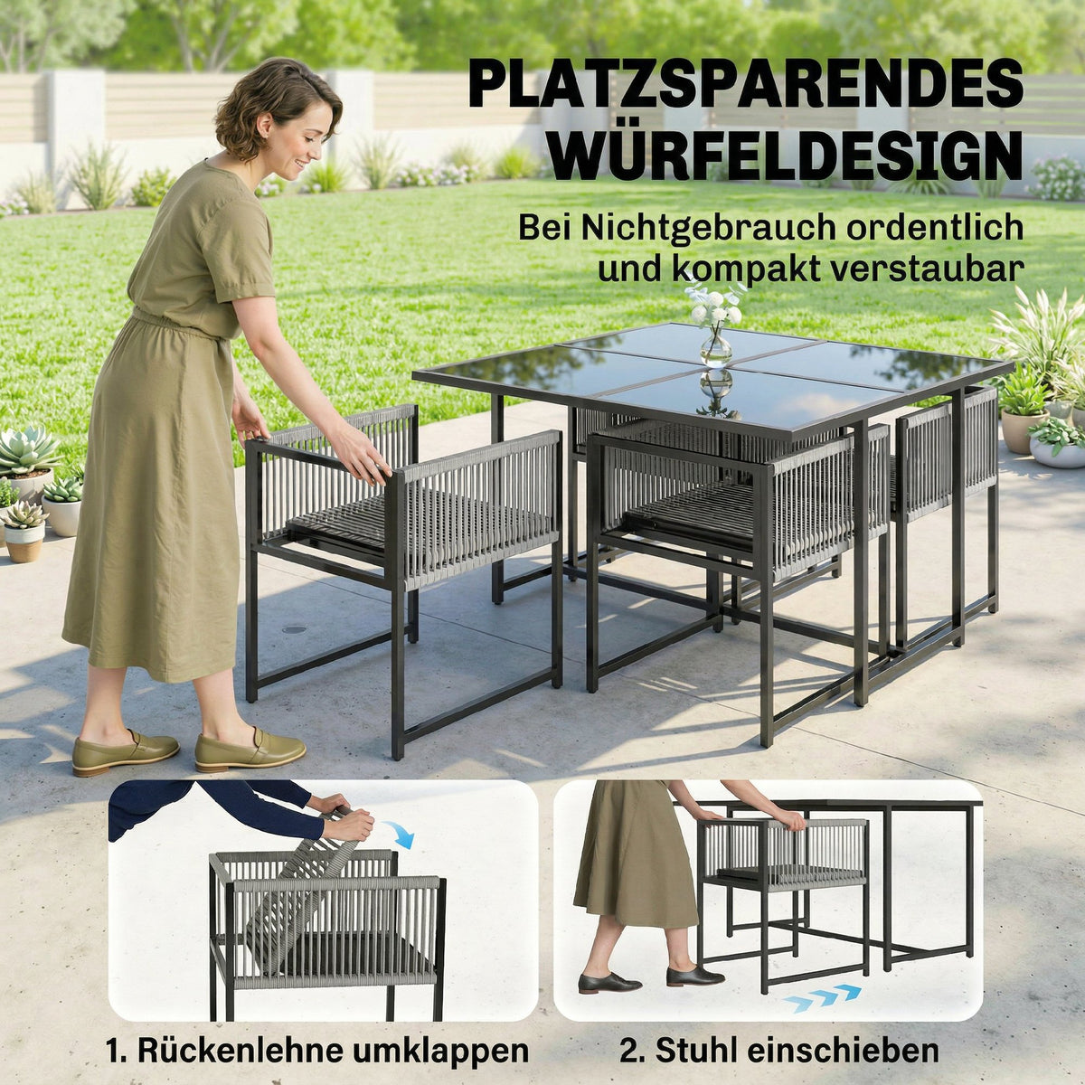 5-teiliges Gartenmöbelset mit Glastisch und Klappstühlen