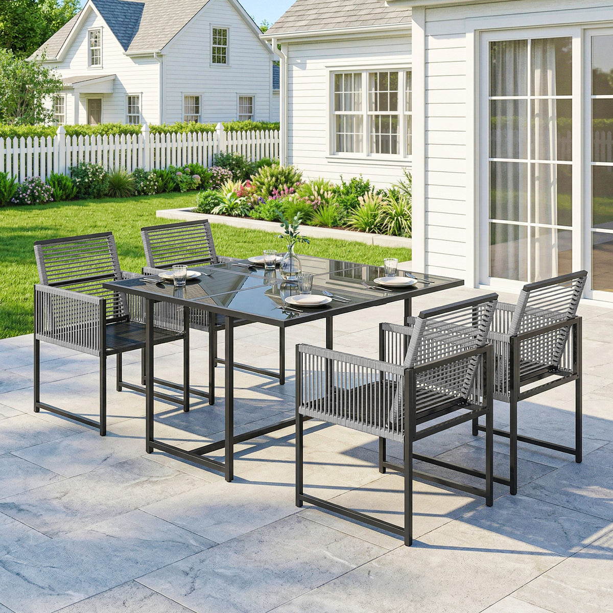 5-teiliges Gartenmöbelset mit Glastisch und Klappstühlen