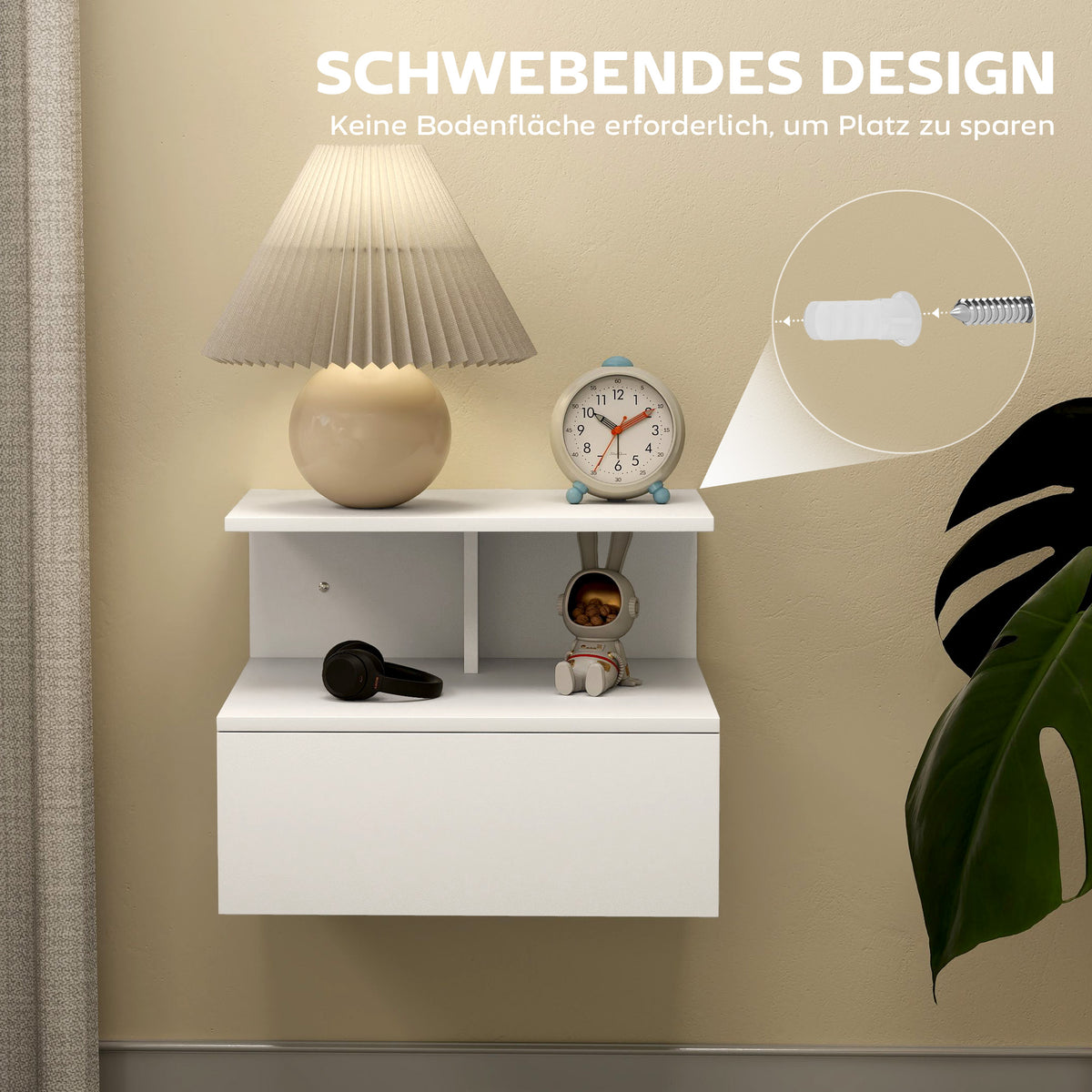 Wand-Nachttisch mit Schublade und offenem Fach