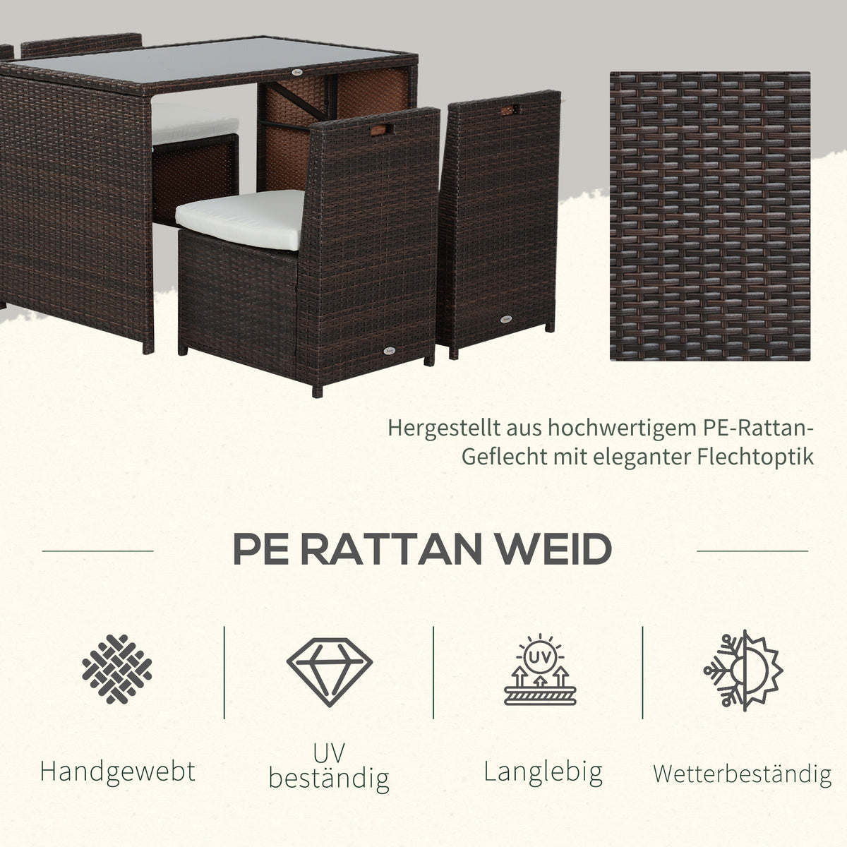 5-teiliges Polyrattan-Gartenmöbel-Set mit Tisch und 4 Stühlen