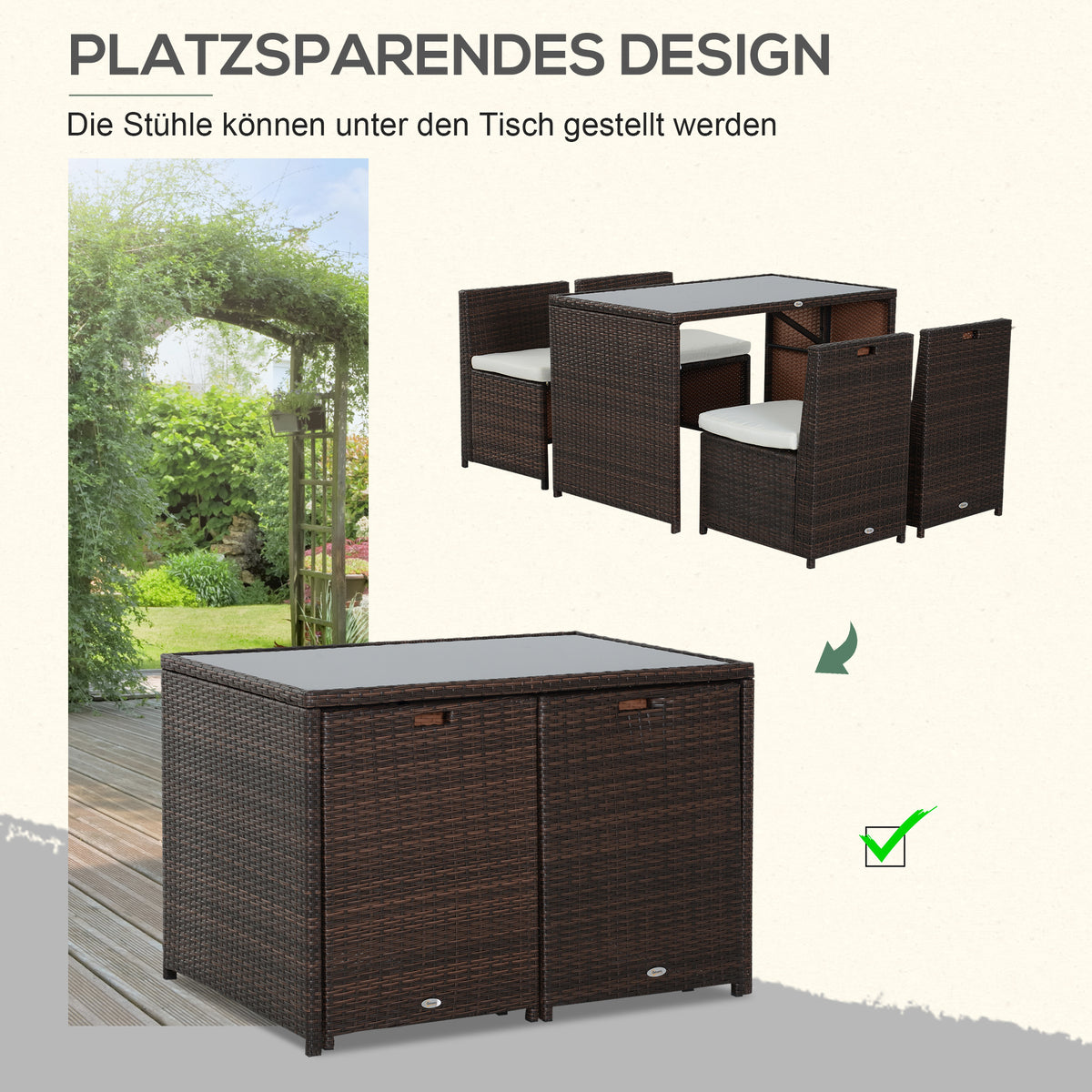 5-teiliges Polyrattan-Gartenmöbel-Set mit Tisch und 4 Stühlen