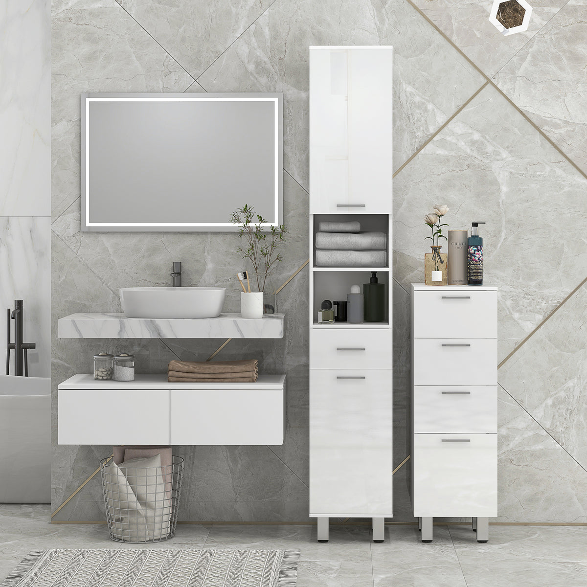 Schmaler Badezimmerschrank mit Schublade und Regalen