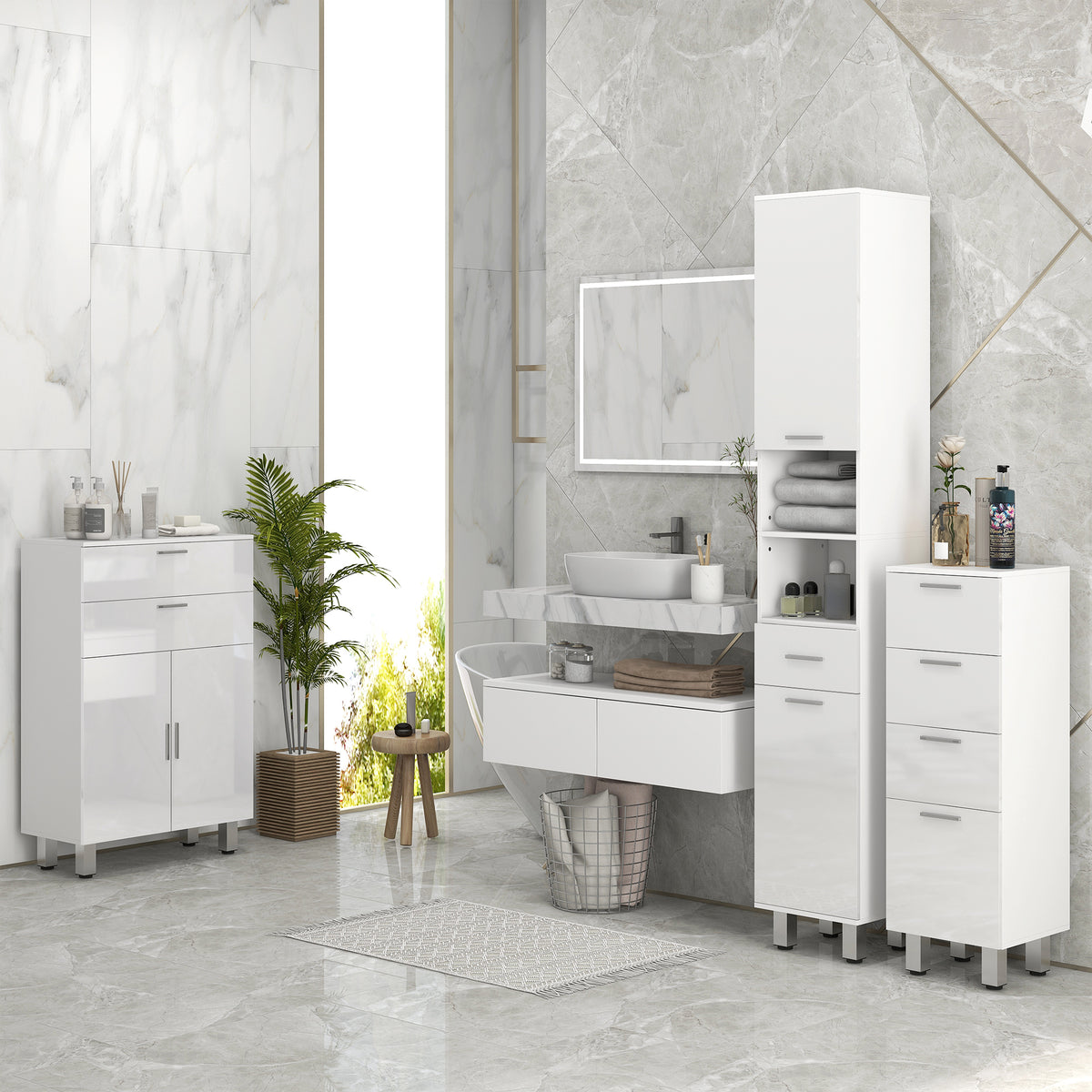 Schmaler Badezimmerschrank mit Schublade und Regalen