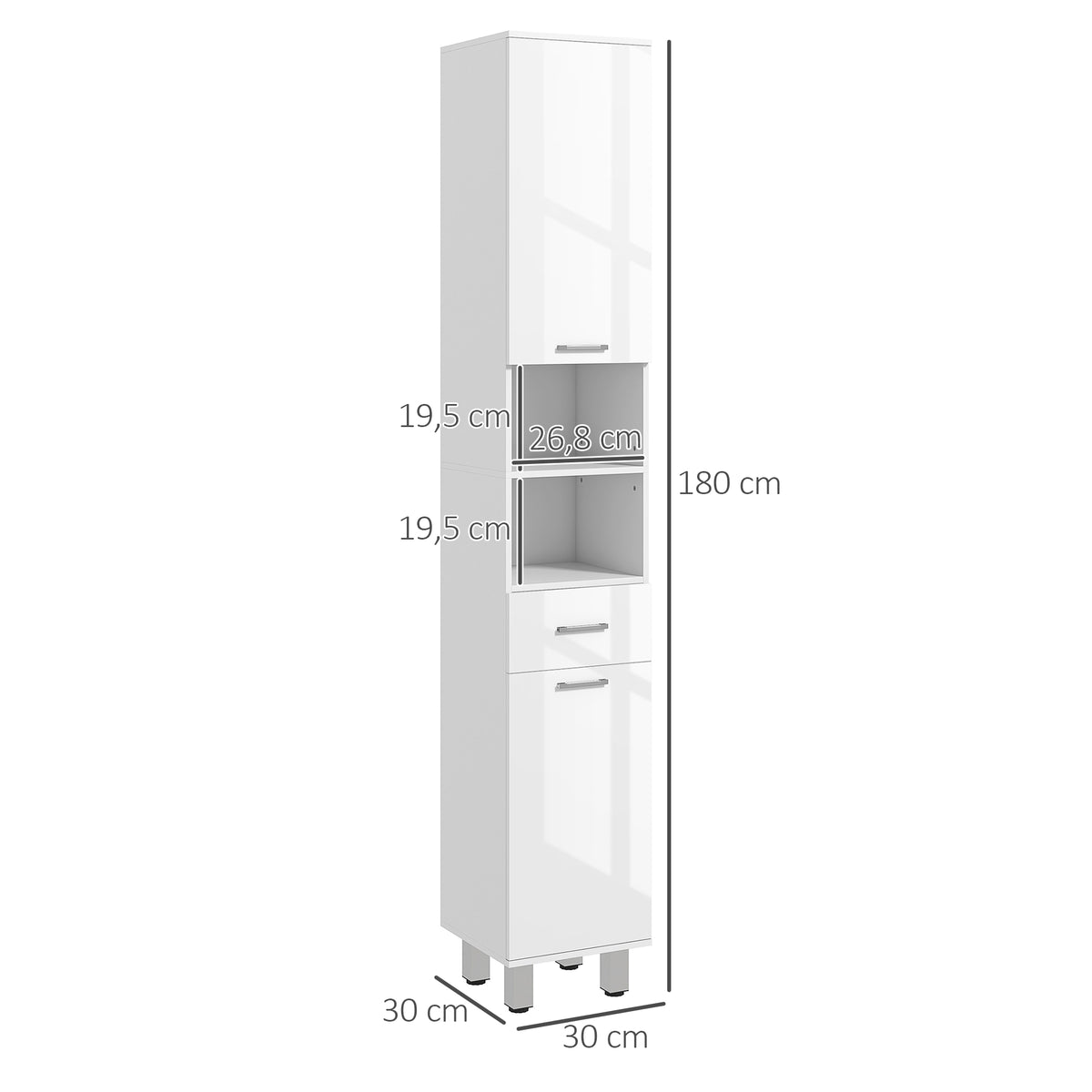 Schmaler Badezimmerschrank mit Schublade und Regalen