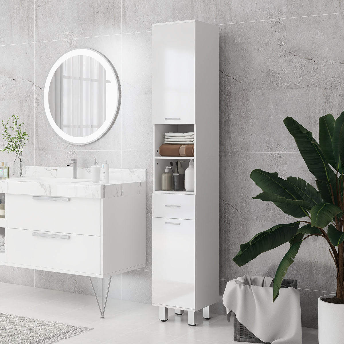 Schmaler Badezimmerschrank mit Schublade und Regalen