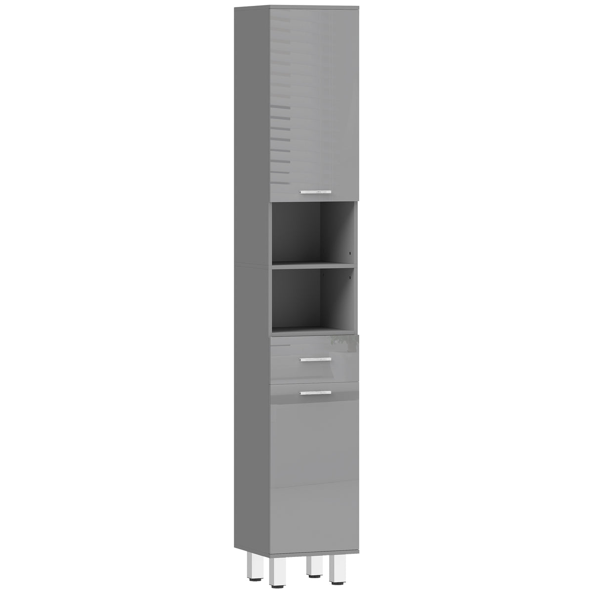Schmaler Badezimmerschrank mit Schublade und Regalen