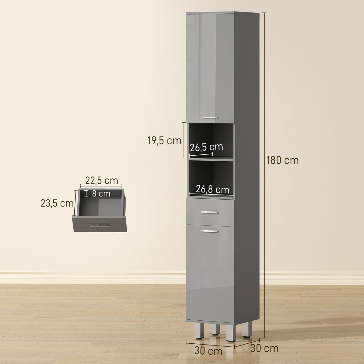 Schmaler Badezimmerschrank mit Schublade und Regalen