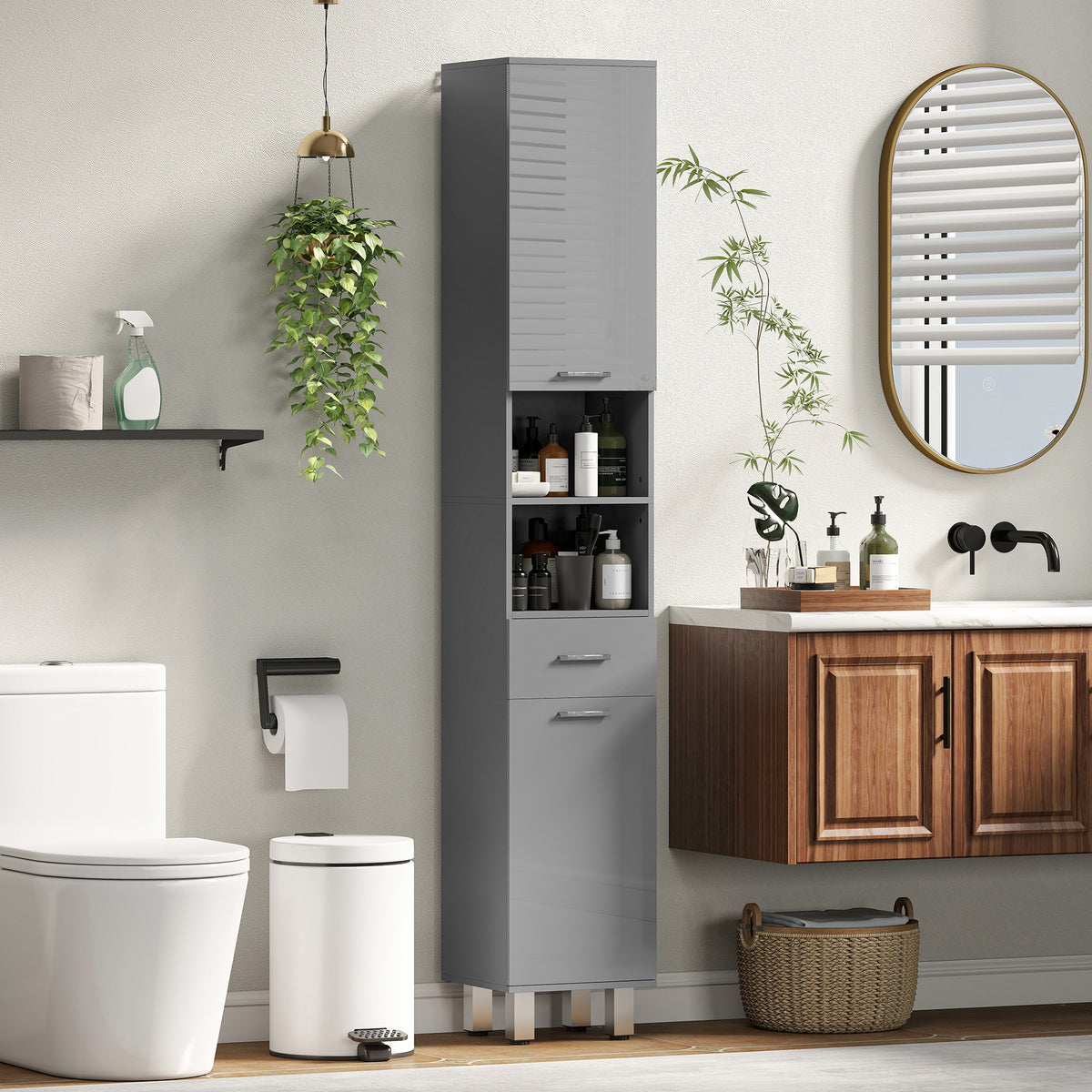 Schmaler Badezimmerschrank mit Schublade und Regalen