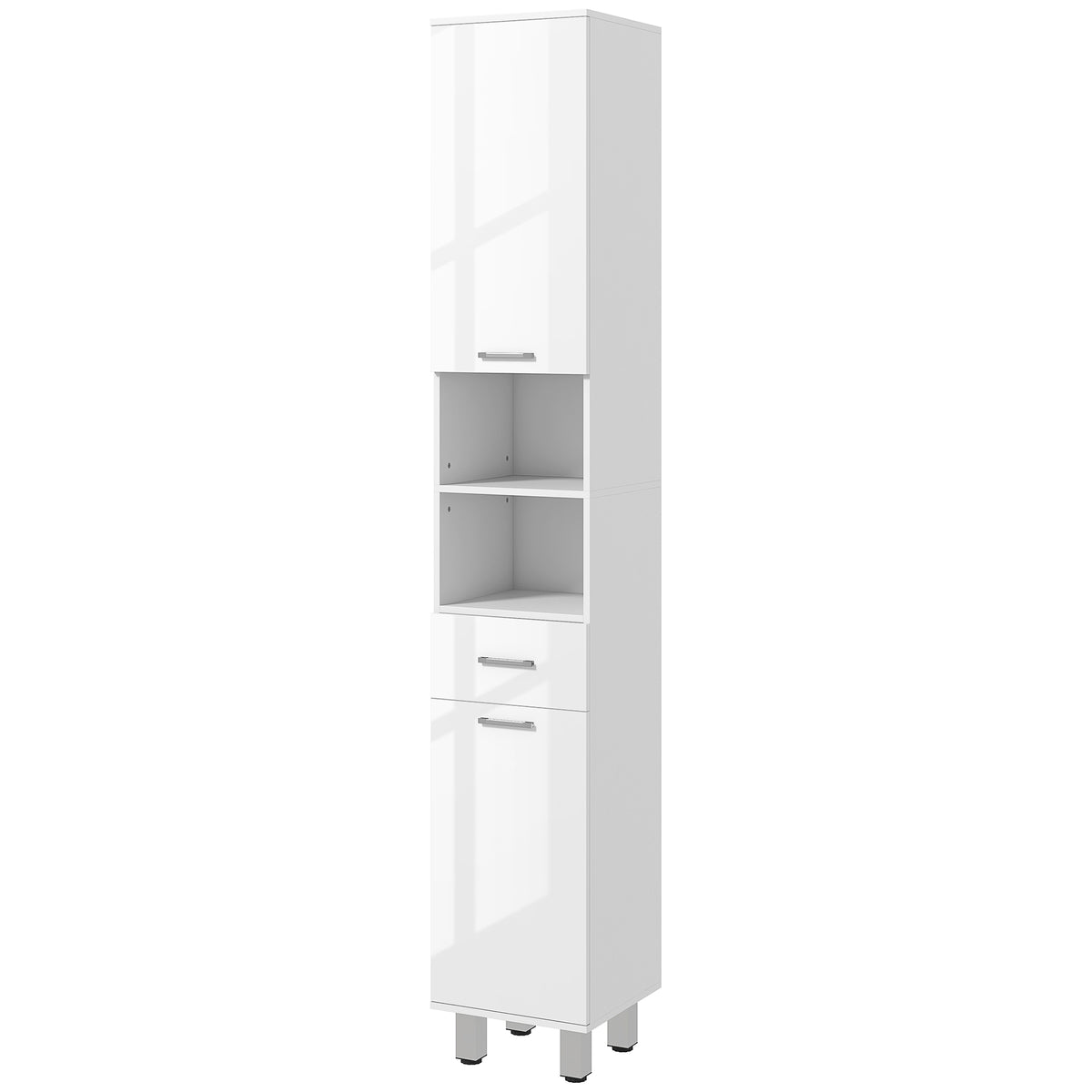 Schmaler Badezimmerschrank mit Schublade und Regalen