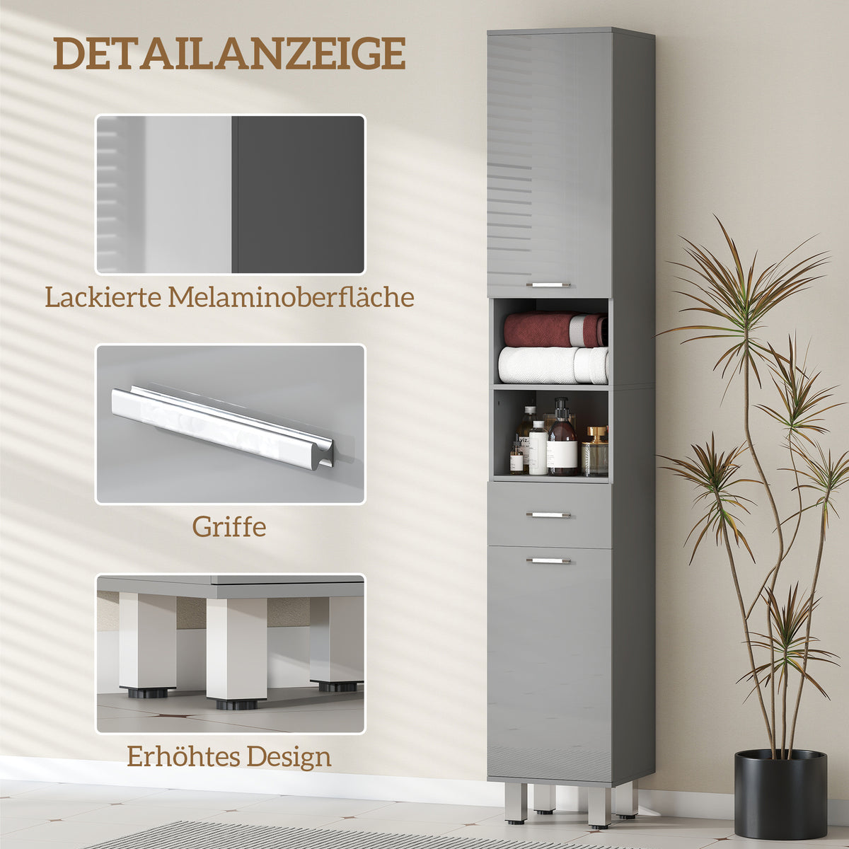 Schmaler Badezimmerschrank mit Schublade und Regalen