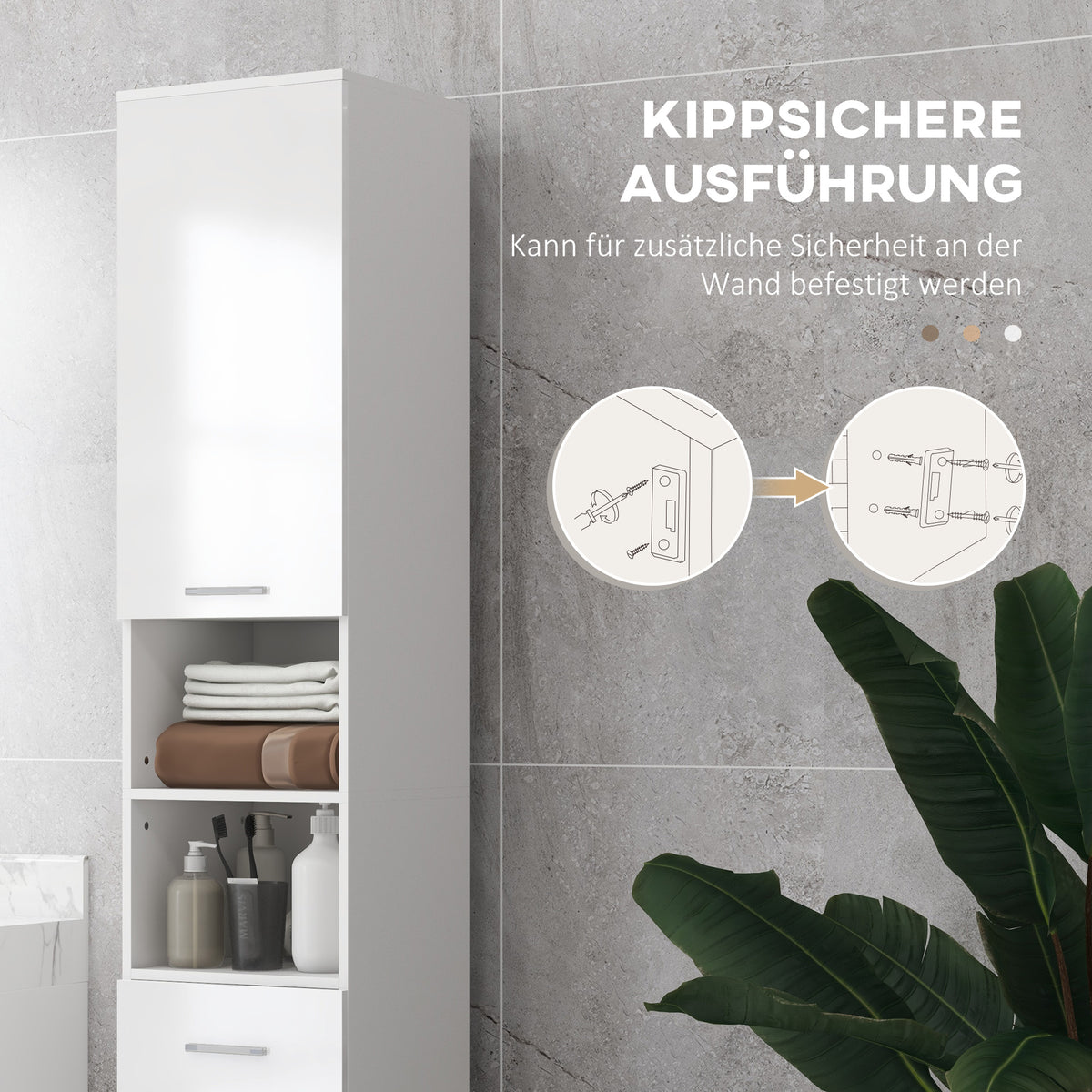 Schmaler Badezimmerschrank mit Schublade und Regalen