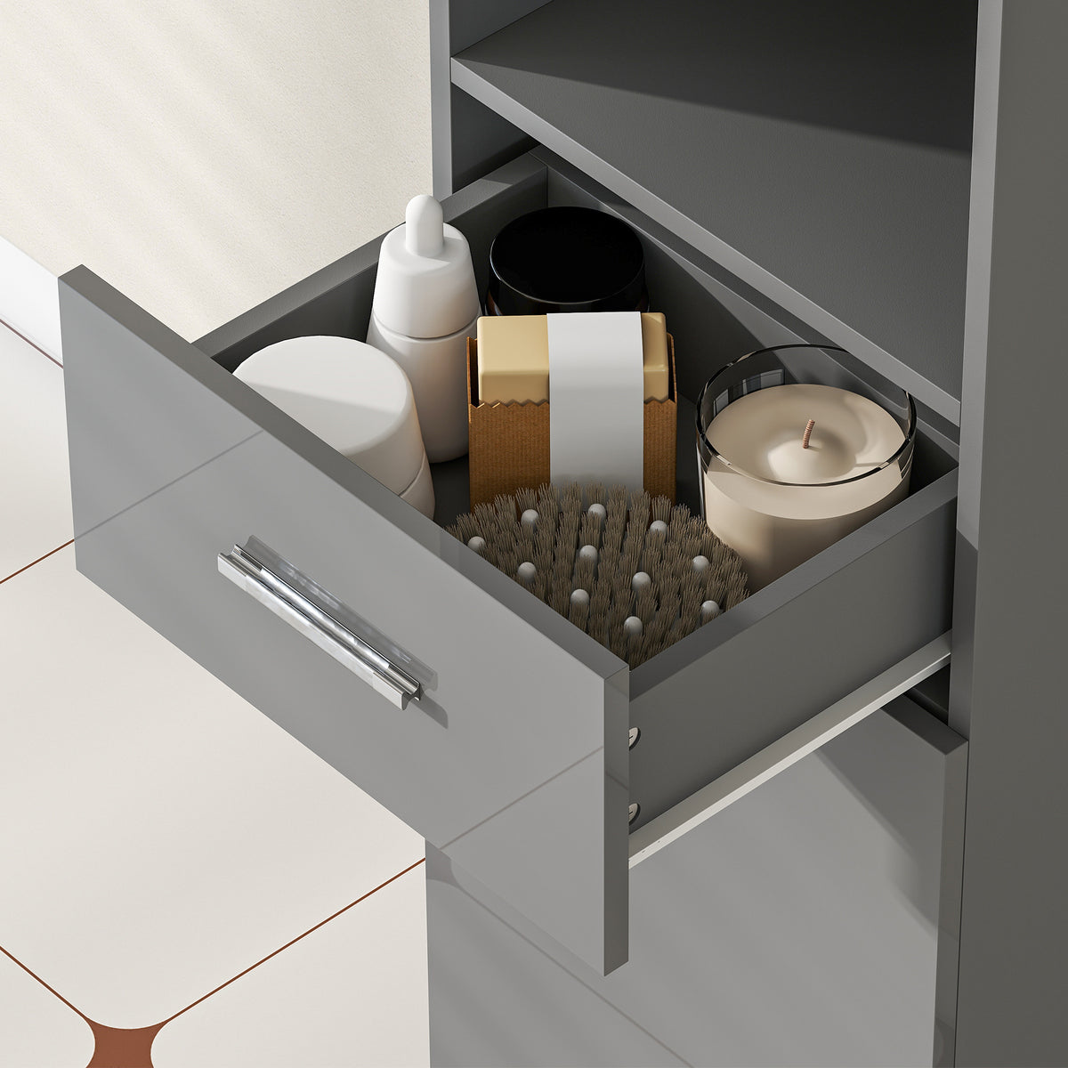 Schmaler Badezimmerschrank mit Schublade und Regalen