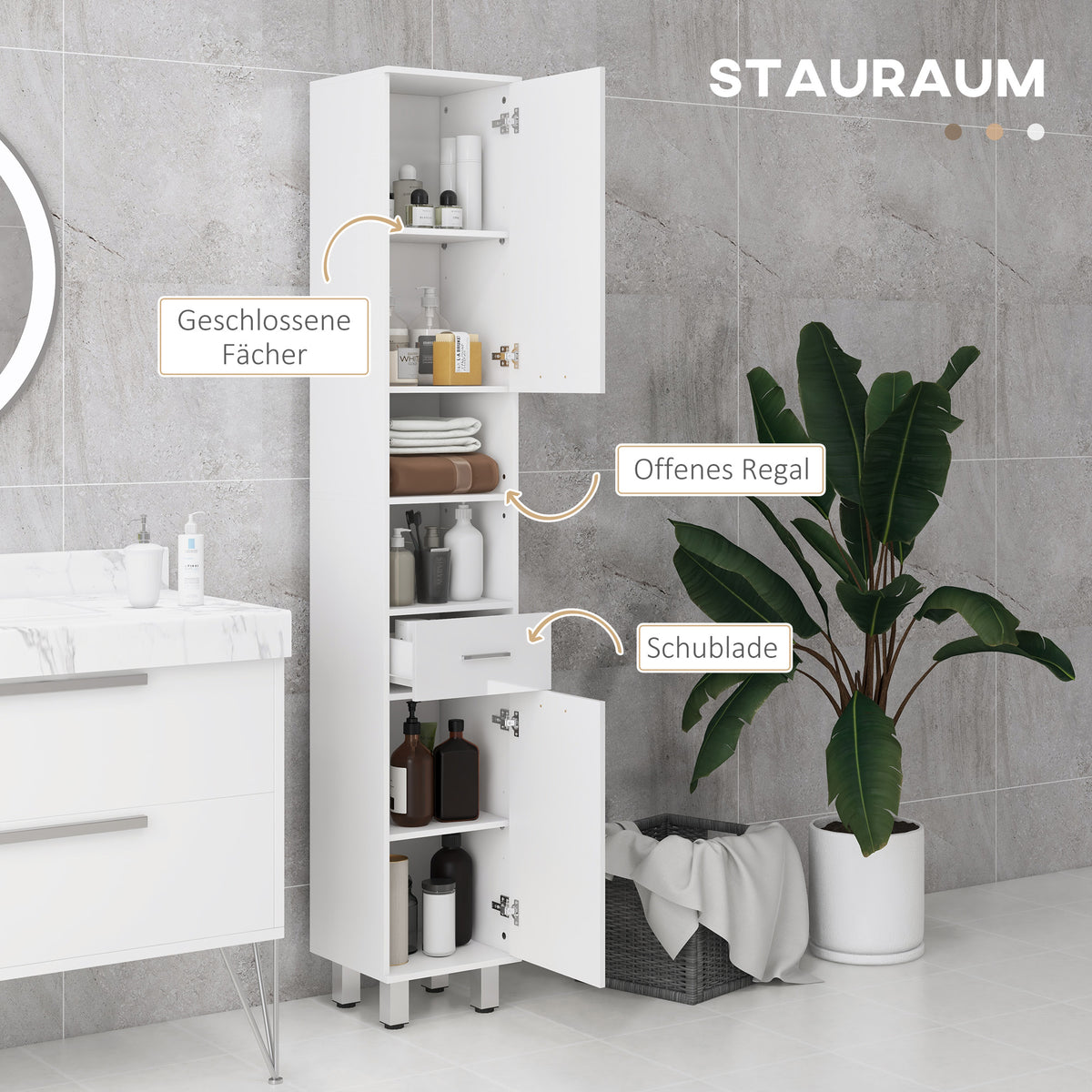 Schmaler Badezimmerschrank mit Schublade und Regalen