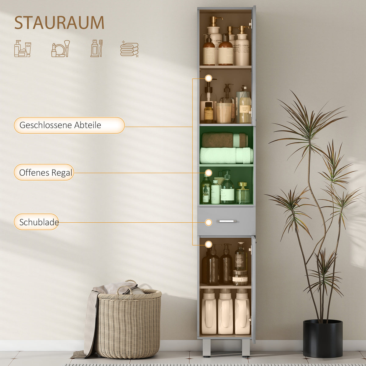 Schmaler Badezimmerschrank mit Schublade und Regalen