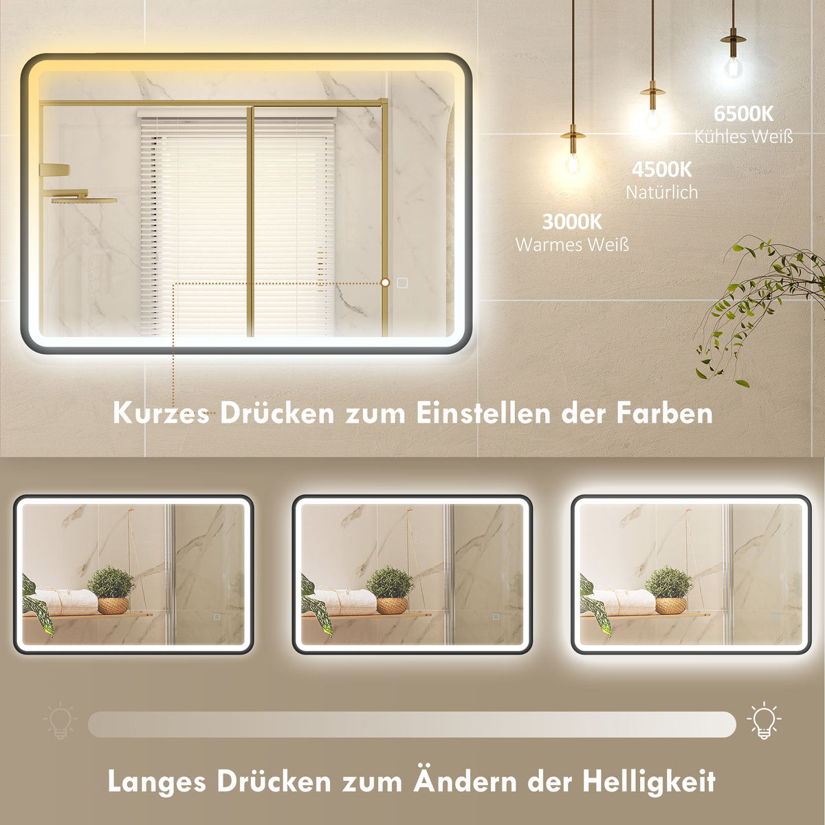 LED-Badezimmerspiegel dimmbar mit 3 Lichtfarben