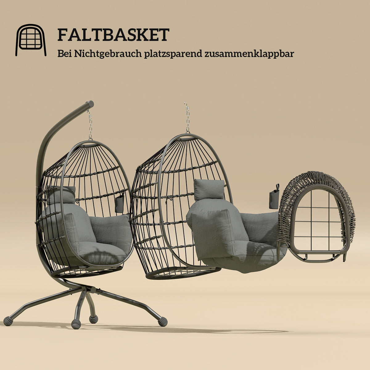 Hängesessel mit Gestell und klappbarem Korb