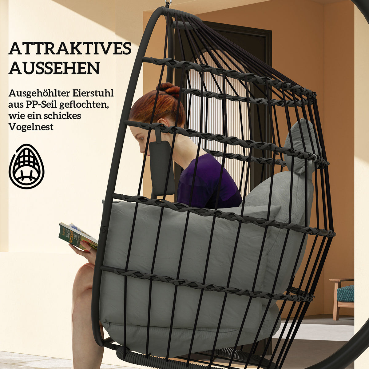 Hängesessel mit Gestell und klappbarem Korb