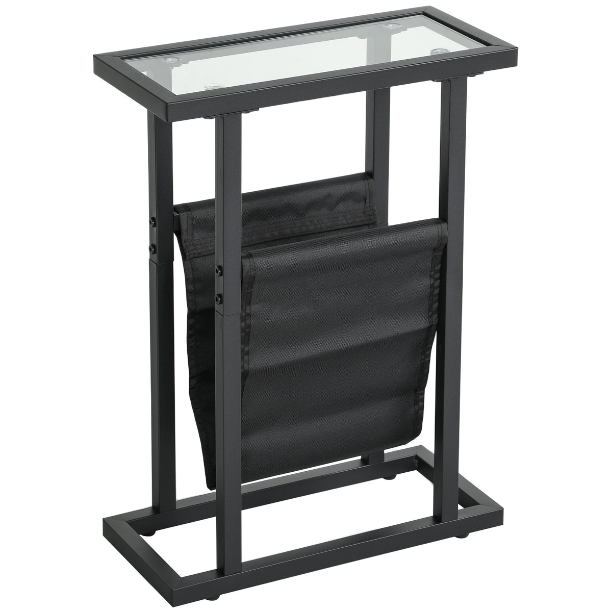 Schmaler Beistelltisch mit Glasplatte und Stofftasche