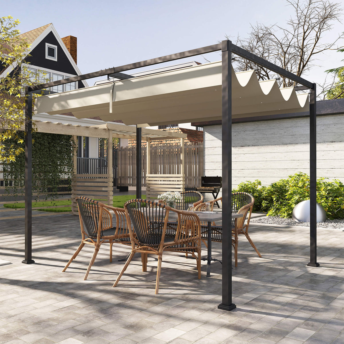 Pergola mit verschiebbarem Dach und Metallrahmen