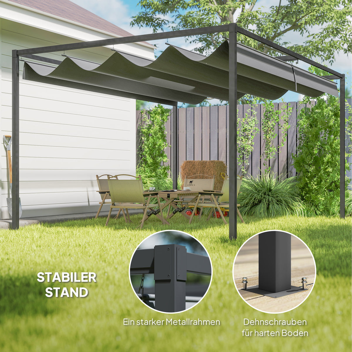 Pergola mit verschiebbarem Dach und Metallrahmen