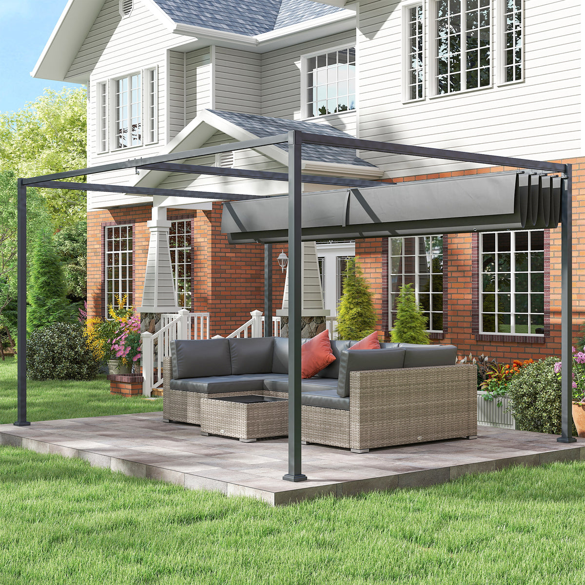 Pergola mit verschiebbarem Dach und Metallrahmen