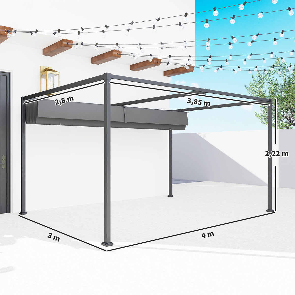 Pergola mit verschiebbarem Dach und Metallrahmen