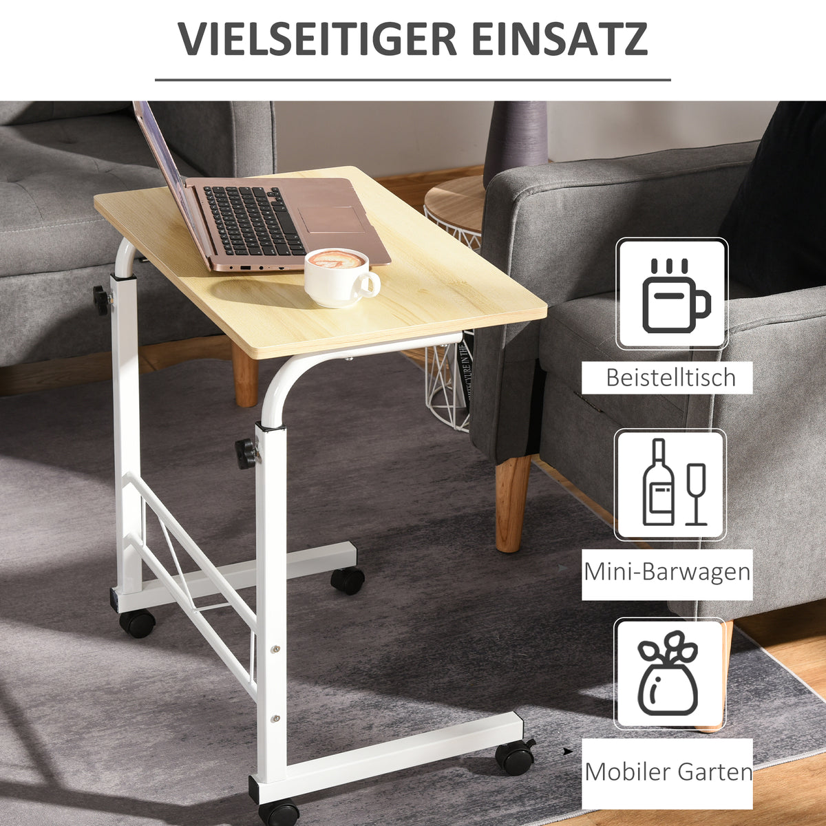 Höhenverstellbarer C-Beistelltisch mit Rollen