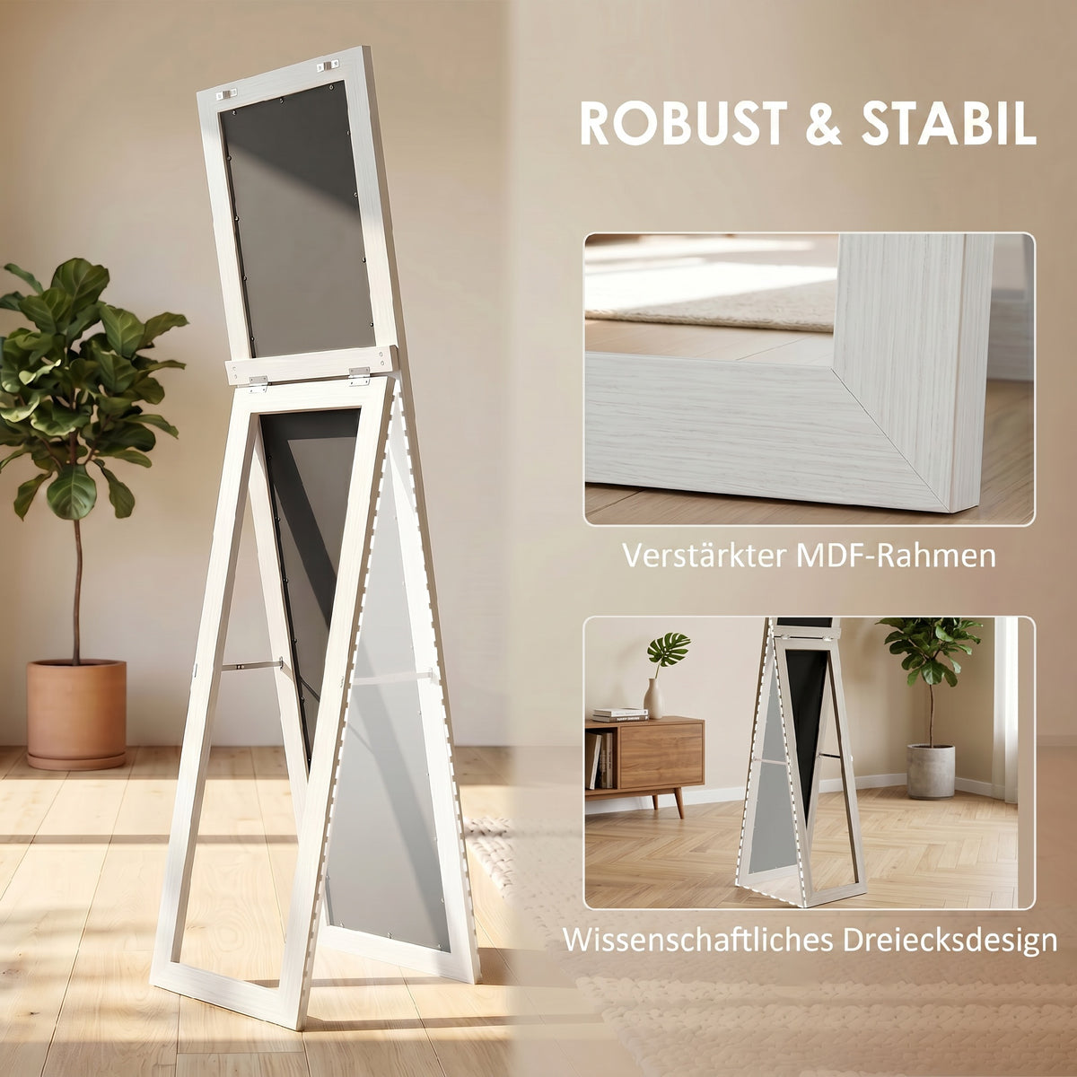 Weißer Standspiegel mit Holzmaserung