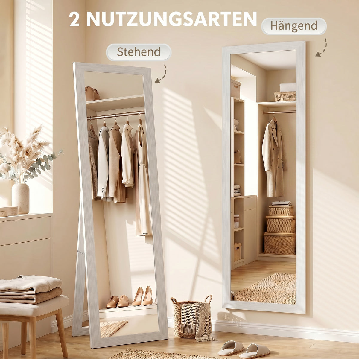 Weißer Standspiegel mit Holzmaserung