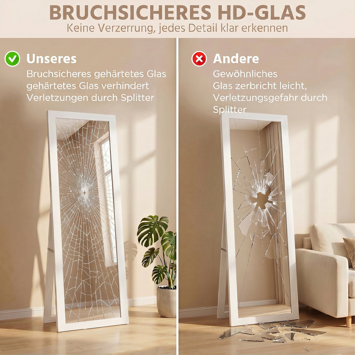 Weißer Standspiegel mit Holzmaserung