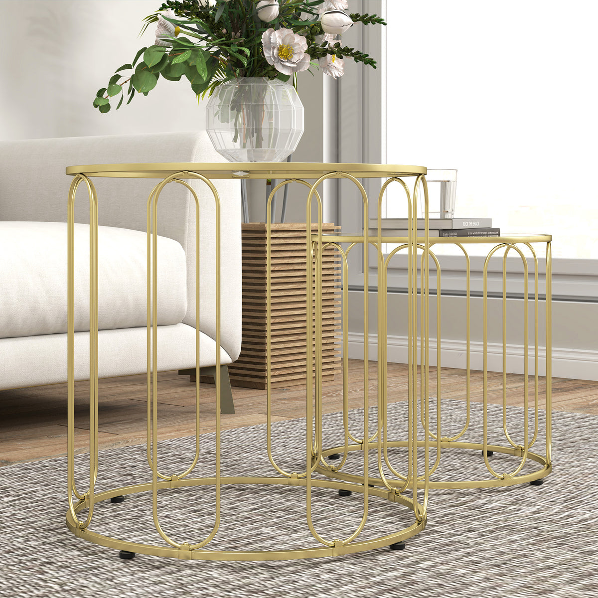 2er-Set Couchtische mit Glasplatten und Metallgestell