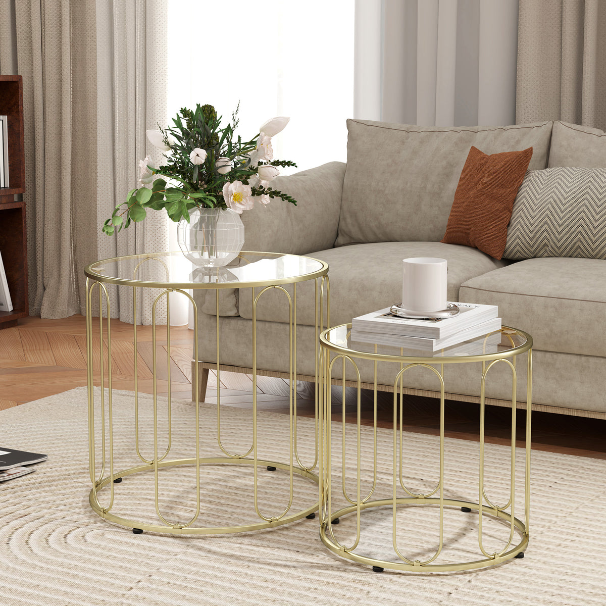 2er-Set Couchtische mit Glasplatten und Metallgestell
