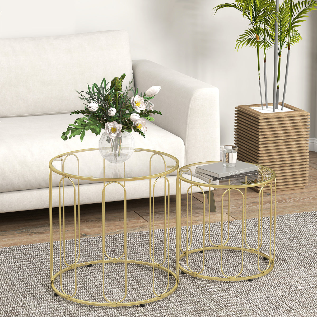2er-Set Couchtische mit Glasplatten und Metallgestell