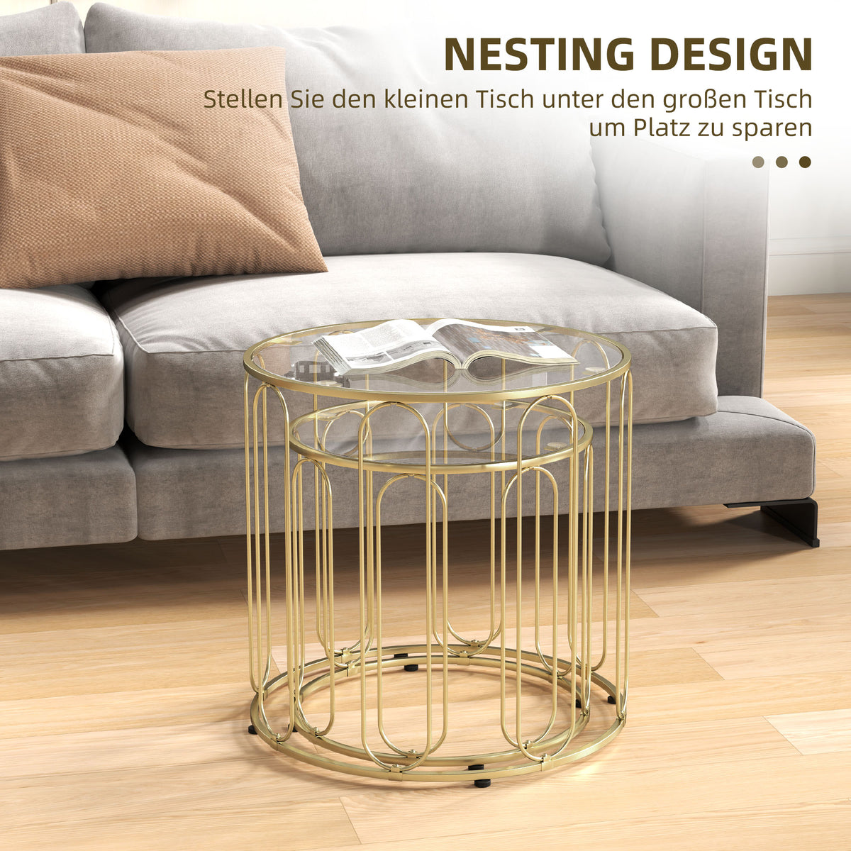 2er-Set Couchtische mit Glasplatten und Metallgestell