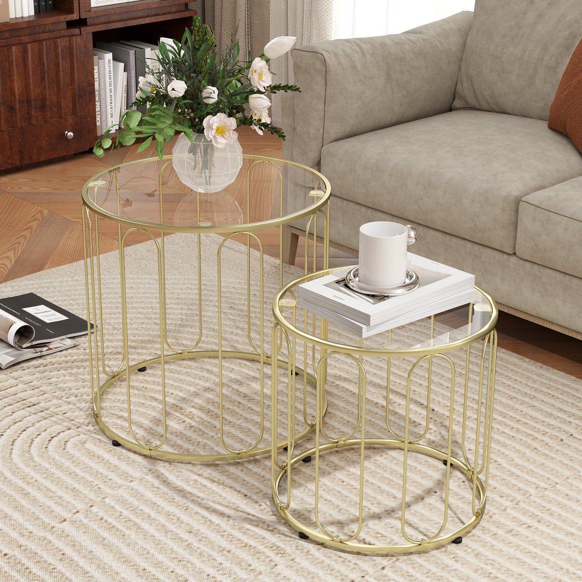 2er-Set Couchtische mit Glasplatten und Metallgestell