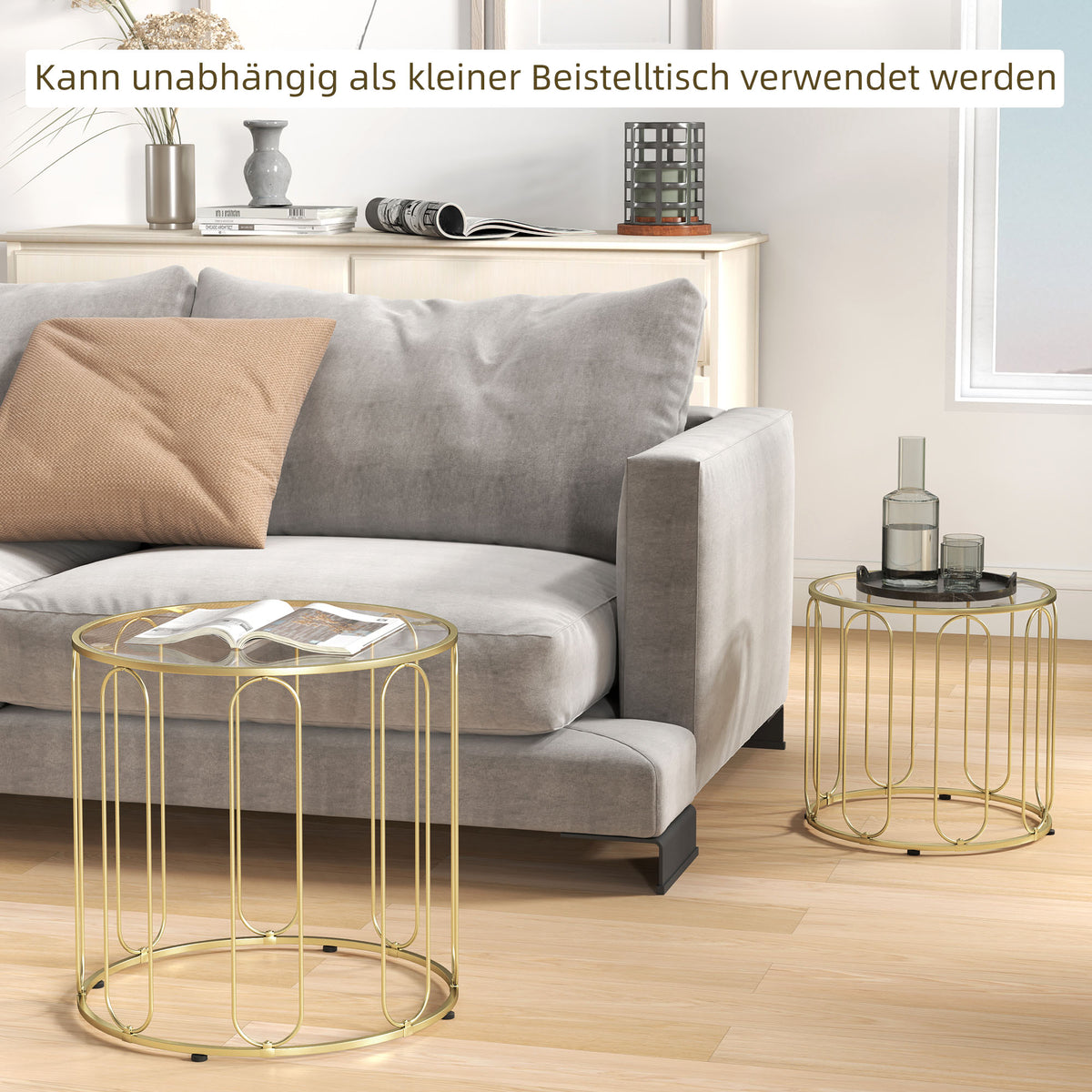2er-Set Couchtische mit Glasplatten und Metallgestell