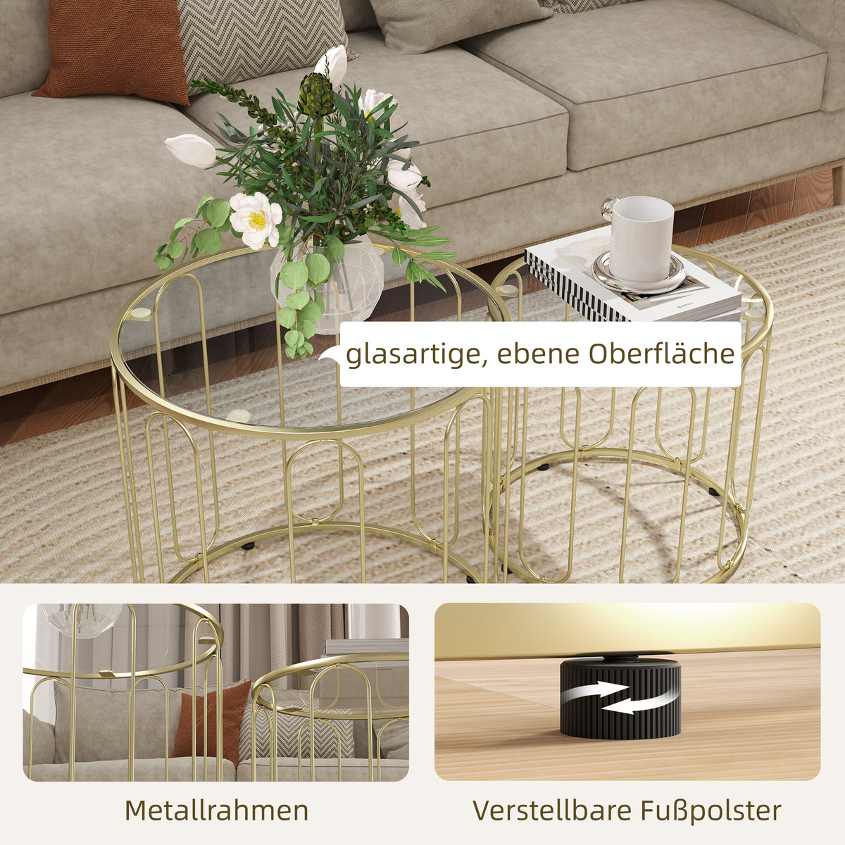 2er-Set Couchtische mit Glasplatten und Metallgestell