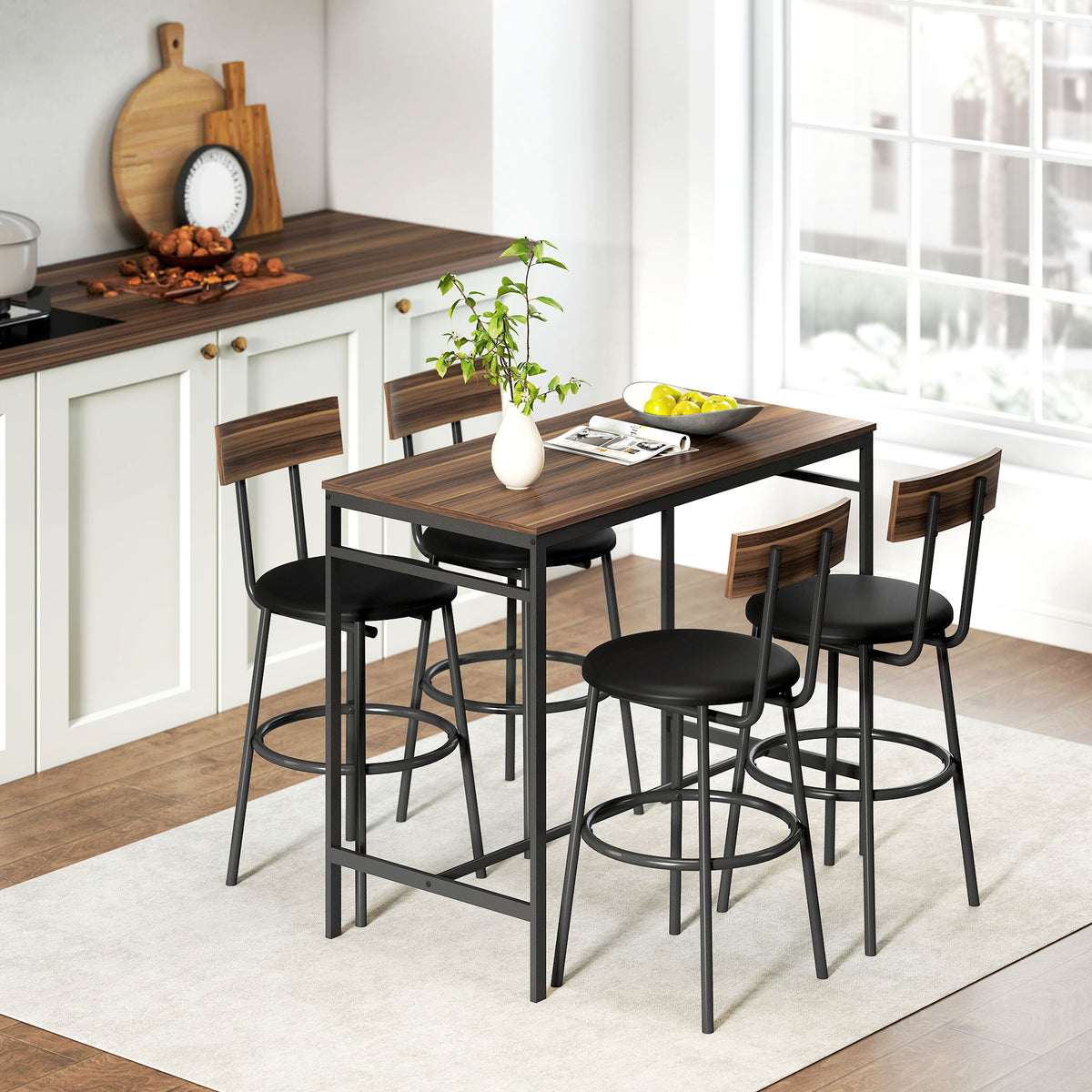 5-teiliges Bartisch-Set mit vier Hockern im Industriestil