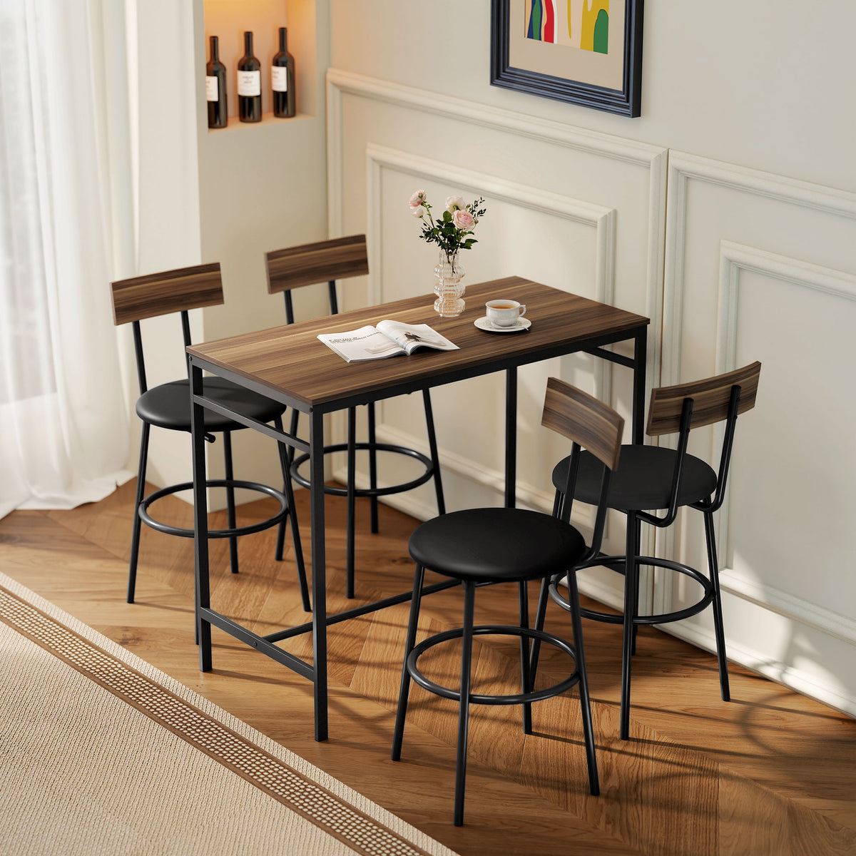 5-teiliges Bartisch-Set mit vier Hockern im Industriestil