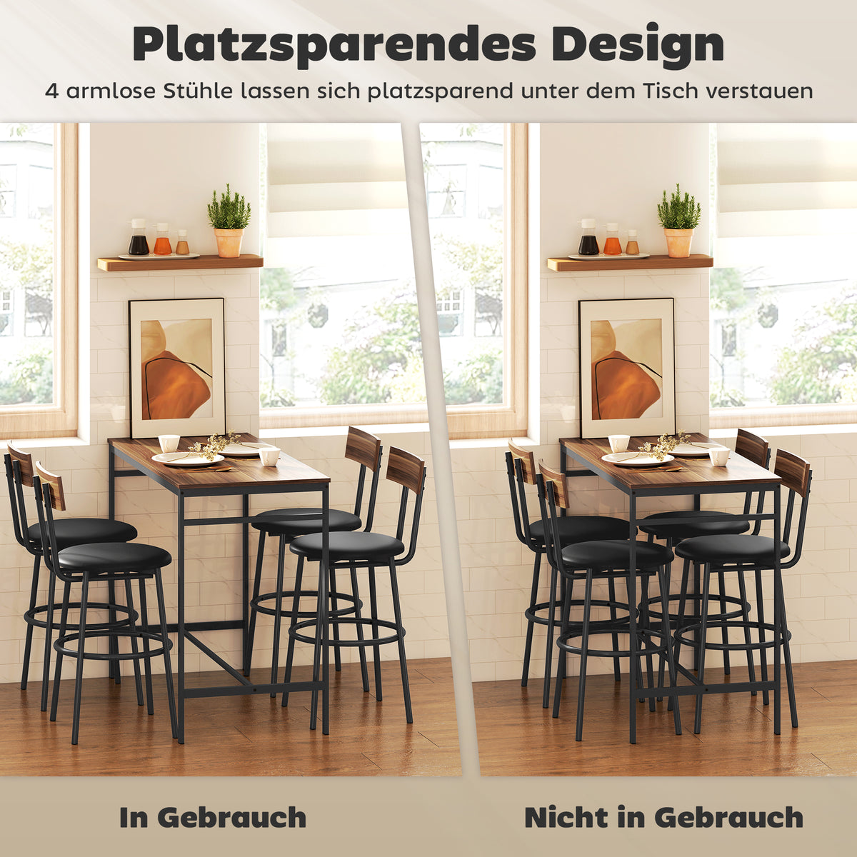 5-teiliges Bartisch-Set mit vier Hockern im Industriestil