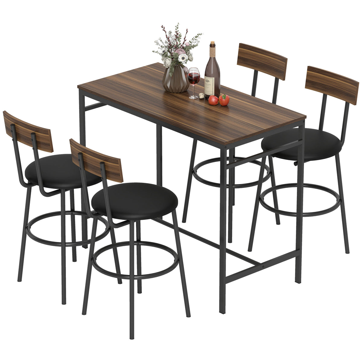 5-teiliges Bartisch-Set mit vier Hockern im Industriestil