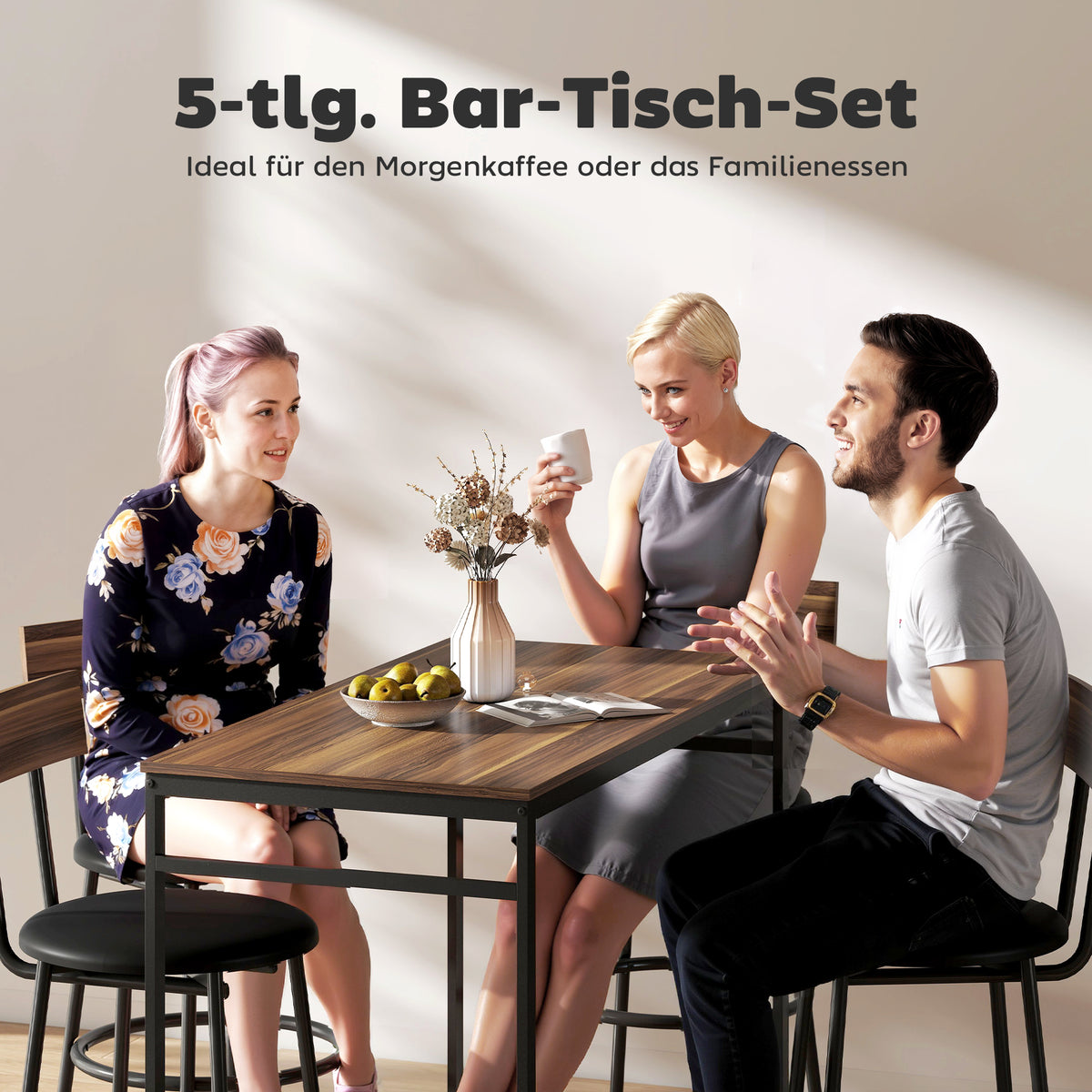 5-teiliges Bartisch-Set mit vier Hockern im Industriestil