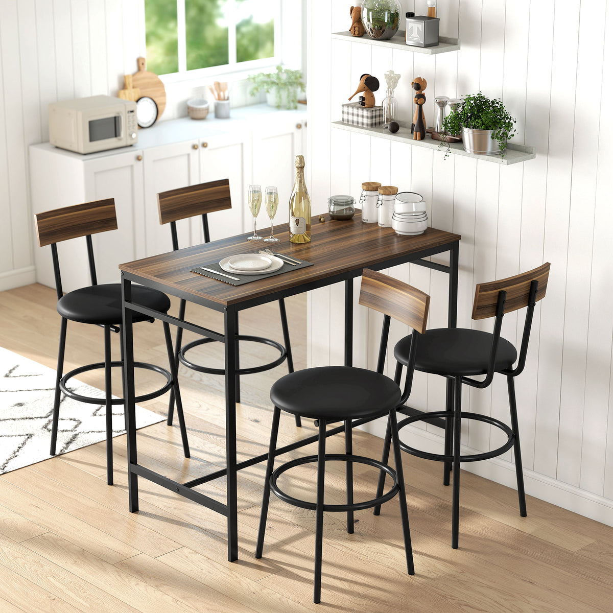 5-teiliges Bartisch-Set mit vier Hockern im Industriestil