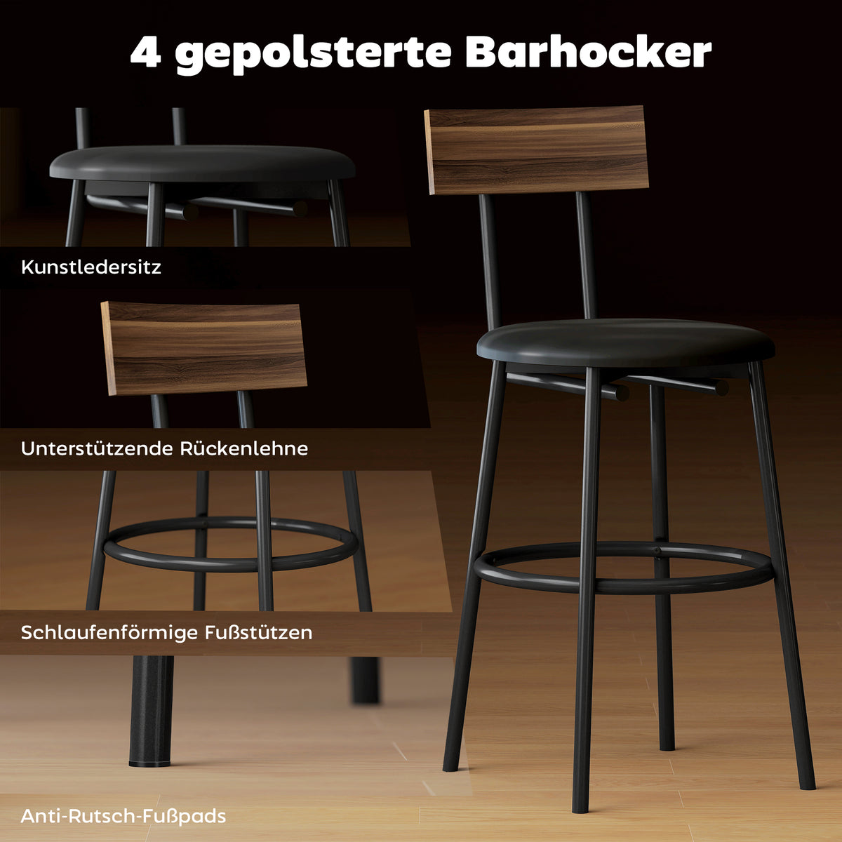 5-teiliges Bartisch-Set mit vier Hockern im Industriestil