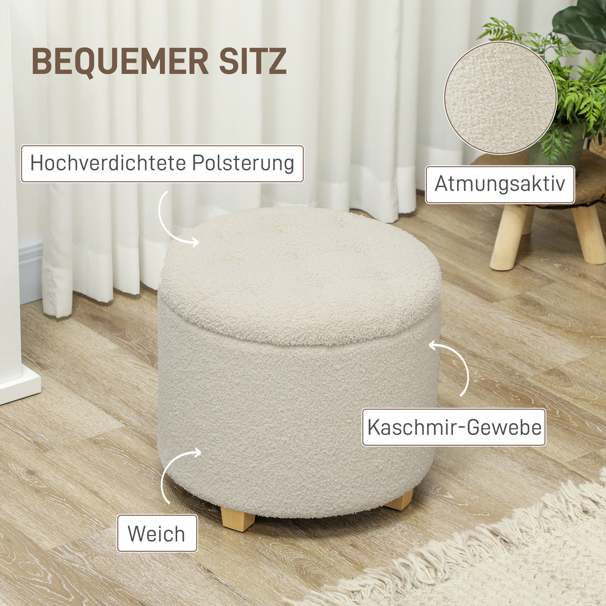 Runder Sitzhocker mit Stauraum und Holzbeinen