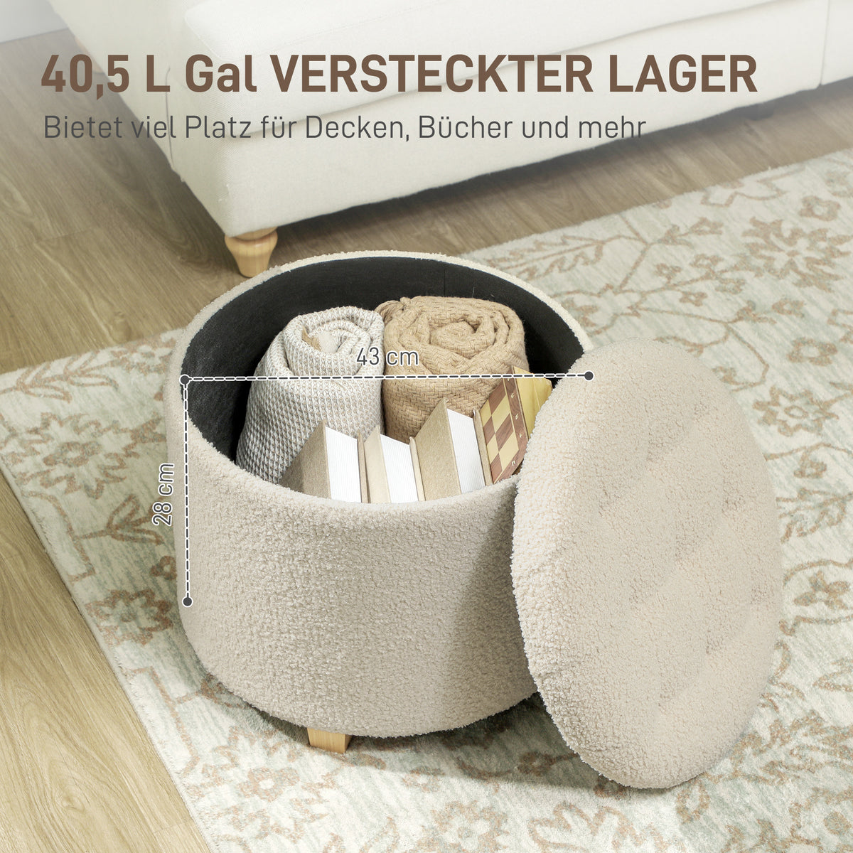 Runder Sitzhocker mit Stauraum und Holzbeinen